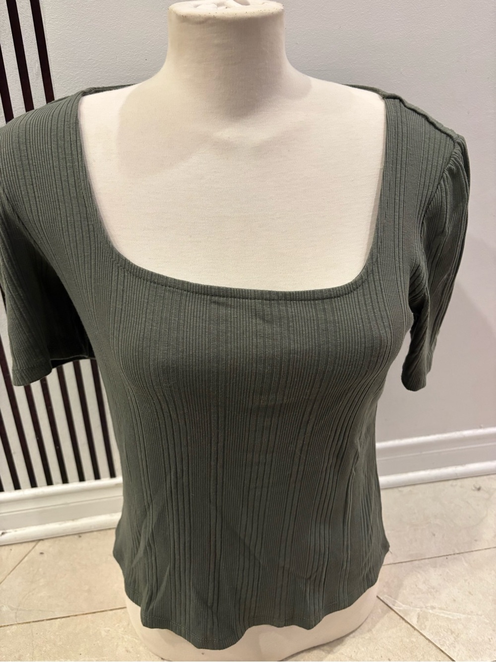 Square Neck Ribbed Short Sleeve Top - Olive Green